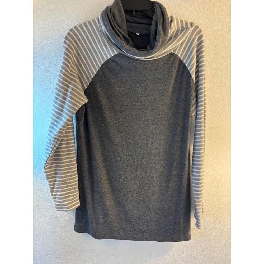 Gray Striped Raglan Cowl Neck Tunic Pullover Top Large